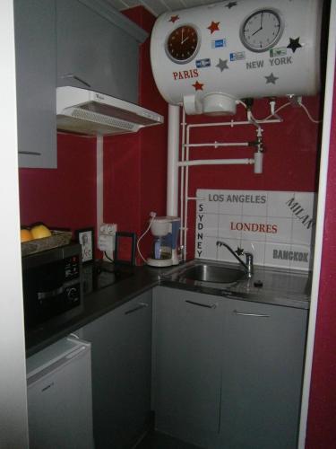 une petite cuisine avec un évier et un micro-ondes dans l'établissement STUDIO 100 m PLAGE, à Le Portel