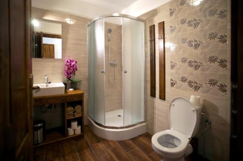 a bathroom with a shower and a toilet and a sink at Penzión Anima in Kaluža