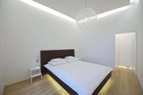 プラハにあるLuxury Apartment in the heart of Pragueの白いベッドルーム(白いシーツ付きのベッド1台付)