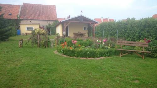 a yard with a bench and a garden with flowers at Domek za starą stodołą in Wydminy