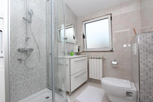 łazienka z prysznicem, toaletą i umywalką w obiekcie Apartments Tanja w Rovinj