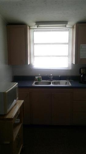 a kitchen with a sink and a window at Big River Marina & Lodge in Astor