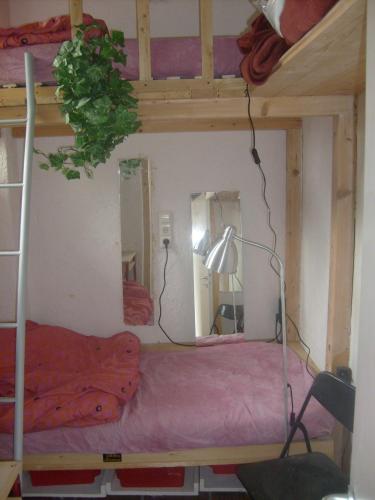 ein Schlafzimmer mit einem Etagenbett und einem Spiegel in der Unterkunft Theater am Eck in Freiburg im Breisgau
