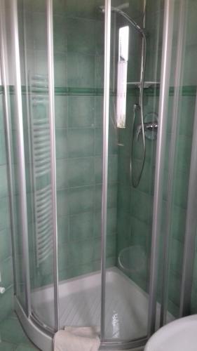 a shower with a glass door in a bathroom at B&B Petit in Sauze dʼOulx