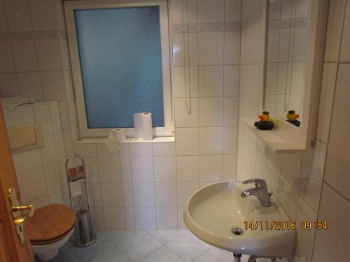 une salle de bain avec un lavabo et des toilettes et une fenêtre dans l'établissement Ferienwohnung Apartement am Wolfsberg, à Reinhardtsdorf