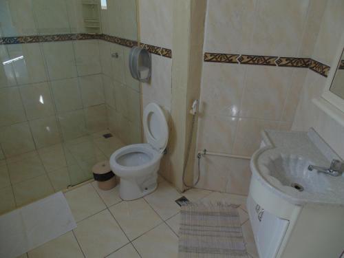 a bathroom with a toilet and a shower and a sink at Pousada Ananda-ri in São Lourenço