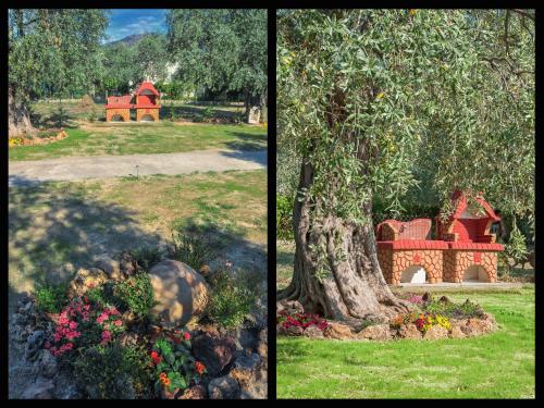 two pictures of a park with a tree and a house at Villa Elia in Skala Sotiros