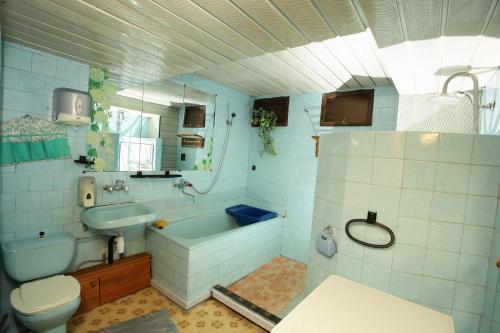 a bathroom with a tub and a toilet and a sink at Vila Pas Justiną in Palanga