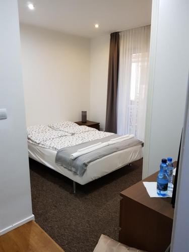 リズバルクにあるSpa Apartamenty Lidzbarkの窓付きの部屋にベッド付きのベッドルーム1室があります。