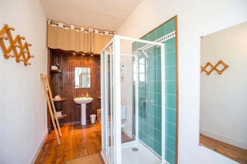 a bathroom with a glass shower and a sink at La Maison de L'Ousse in Livron