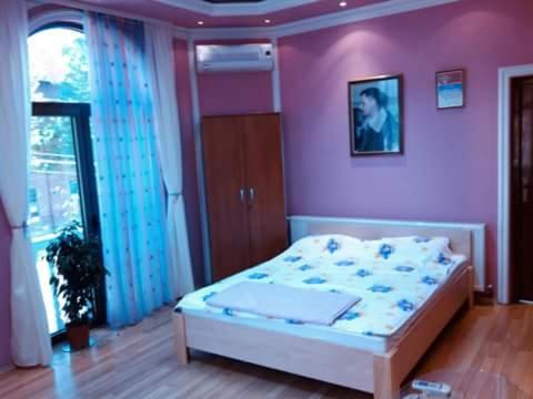 a bedroom with a bed and a pink wall at Guest house Ćane Smestaj in Bela Crkva
