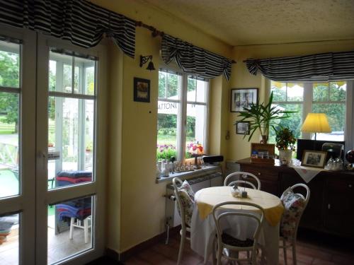 a dining room with a table and some windows at Villa Meteor in Mariánské Lázně