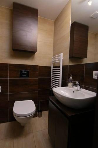 a bathroom with a white toilet and a sink at Willa Sara Karwia in Karwia