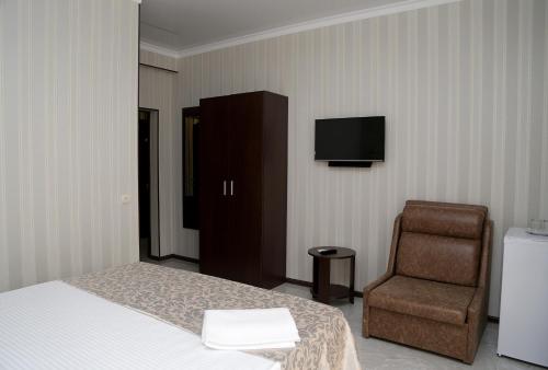 a bedroom with a bed and a chair and a television at Elida in Gagra