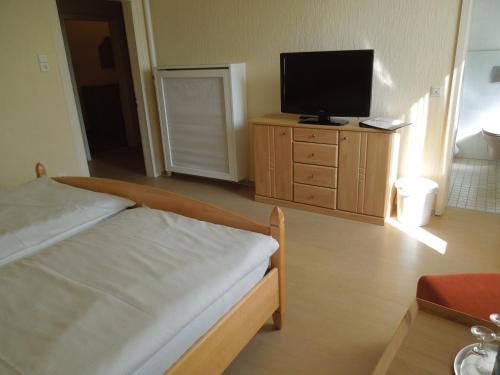 a bedroom with a bed and a television on a dresser at Haus Bergmann in Harsewinkel