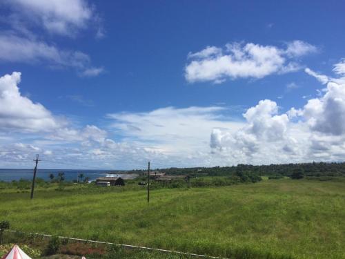 a field of green grass with the ocean in the background at Tamowan in Donghe