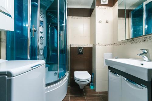 a bathroom with a toilet and a sink and a shower at Apartments on Henerala Zhmachenka in Kyiv