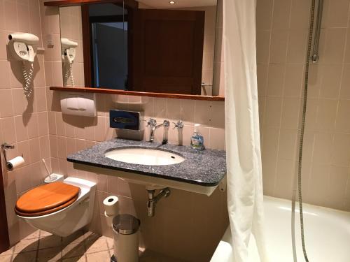 La salle de bains est pourvue d'un lavabo, de toilettes et d'une douche. dans l'établissement Marienlyst Apartment, à Elseneur