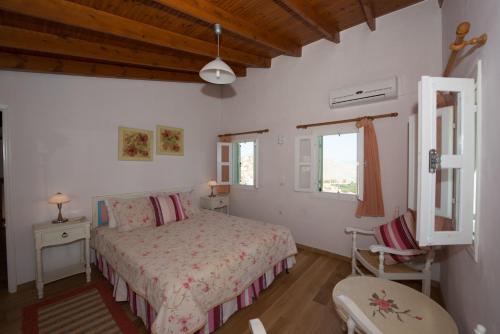 a bedroom with a bed and a chair in it at Villa Sofia in Symi