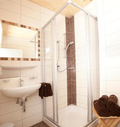 a bathroom with a shower and a sink at Auszeit Flachau in Flachau