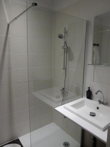 La salle de bains est pourvue d'une douche et d'un lavabo. dans l'établissement Cafe Vals, à Vals