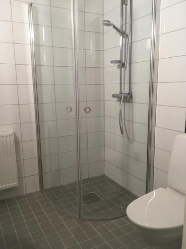 a shower with a glass door next to a toilet at Topperyd Bed & Breakfast in Nässjö