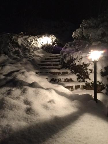 a street light in the snow at night at Gite Le Paradis in Saint-Nabord