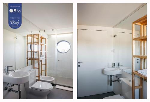 duas imagens de uma casa de banho com WC e lavatório em ORM - Cristal Apartment no Porto