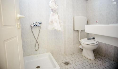 y baño con aseo, lavabo y ducha. en Myros Studios, en Argostoli
