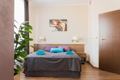 ein Schlafzimmer mit einem Bett mit blauen Kissen darauf in der Unterkunft Portius in Krosno