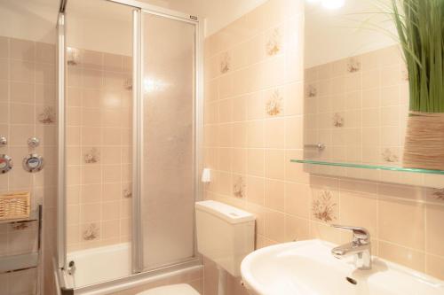 ein Bad mit einer Dusche, einem WC und einem Waschbecken in der Unterkunft Sylter Kajüte, Haus Ornum in Westerland