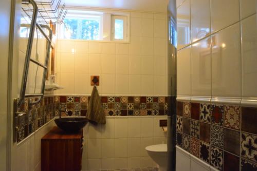 a bathroom with a sink and a toilet at Aamuranta in Turku