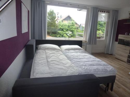 ブラウンラーゲにあるModerne, ruhige Ferienwohnung in Braunlage Harz inkl WLAN & Netflixの大きな窓付きの客室のベッド1台分です。