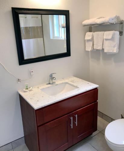 a bathroom with a sink and a mirror at Napa Discovery Inn in Napa