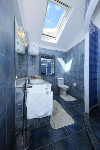 a bathroom with a tub and a toilet and a skylight at Punta Preko Apartments in Preko