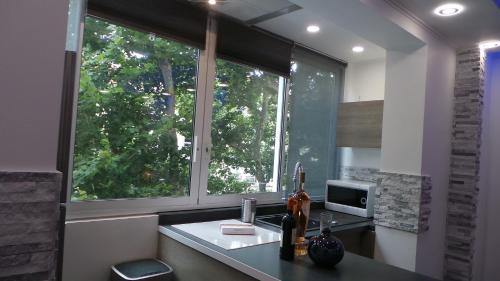 - une cuisine avec 2 fenêtres et un comptoir avec évier dans l'établissement Catalans, à Marseille