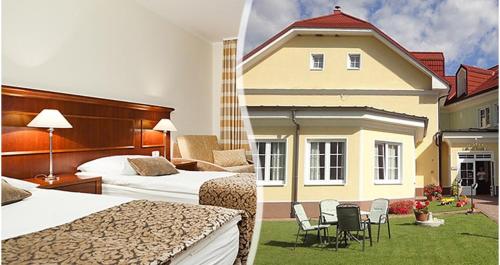 a hotel room with two beds and a house at Hotel Cateski Dvorec in Čatež ob Savi