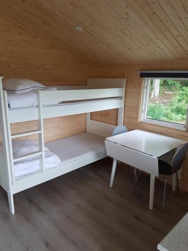 a small room with a bunk bed and a desk at Halens Camping och Stugby in Olofström