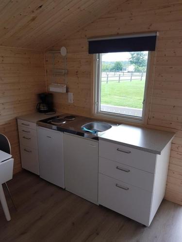 a kitchen with a sink and a window in a cabin at Halens Camping och Stugby in Olofström