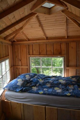 a bed in a wooden cabin with a window at Treehouse B&B in Rabjerg