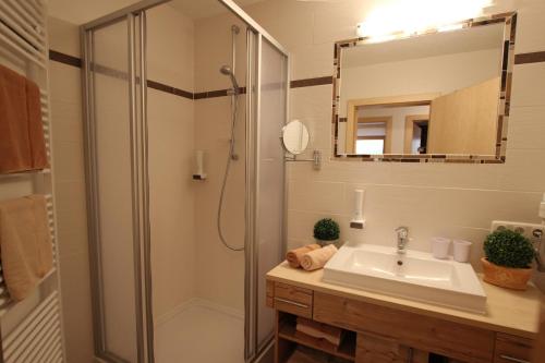 a bathroom with a shower and a sink and a mirror at Gasthof Bergblick in Berwang