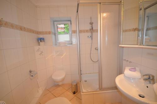 a bathroom with a shower and a toilet and a sink at Ostseehaus Dreesen in Timmendorfer Strand