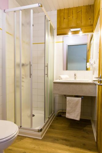 une salle de bain avec douche et lavabo dans l'établissement Village Vacances le Bérouze, à Samoëns