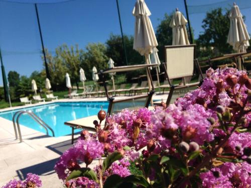 a pool with purple flowers in front of a pool at Relais Corte Paradiso in Peschiera del Garda