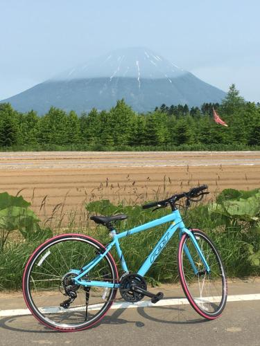 a blue bike parked on the side of a road at Ohisama House in Rusutsu