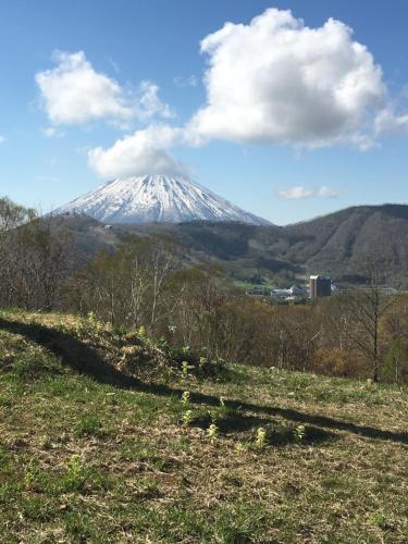 a snow covered mountain in the distance from a field at Ohisama House in Rusutsu