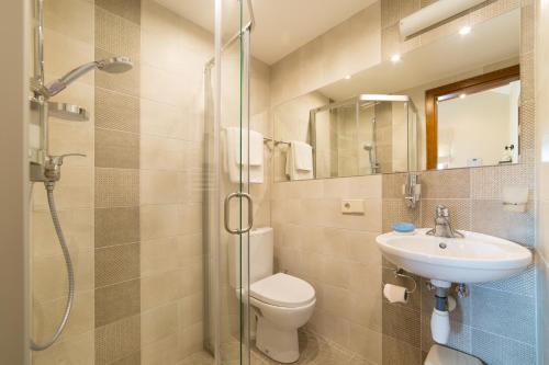 a bathroom with a shower and a toilet and a sink at Rasos Vila in Palanga