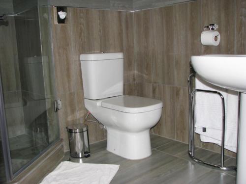 uma casa de banho com um WC, um lavatório e um chuveiro em 4 Seam Guest House em Delmas