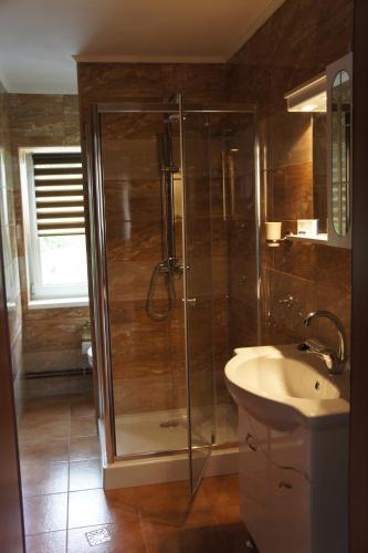 a bathroom with a shower and a sink at Casa Bella Turda in Turda