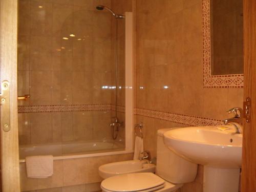 a bathroom with a toilet and a sink and a shower at Hotel O Lagar in Cambados